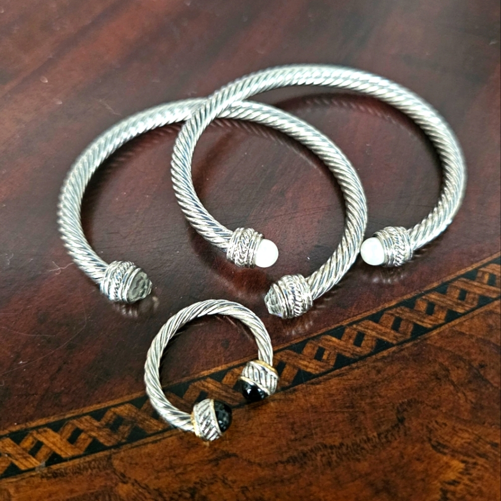 Womens Silver plated rope cable adjustable bracelet and ring